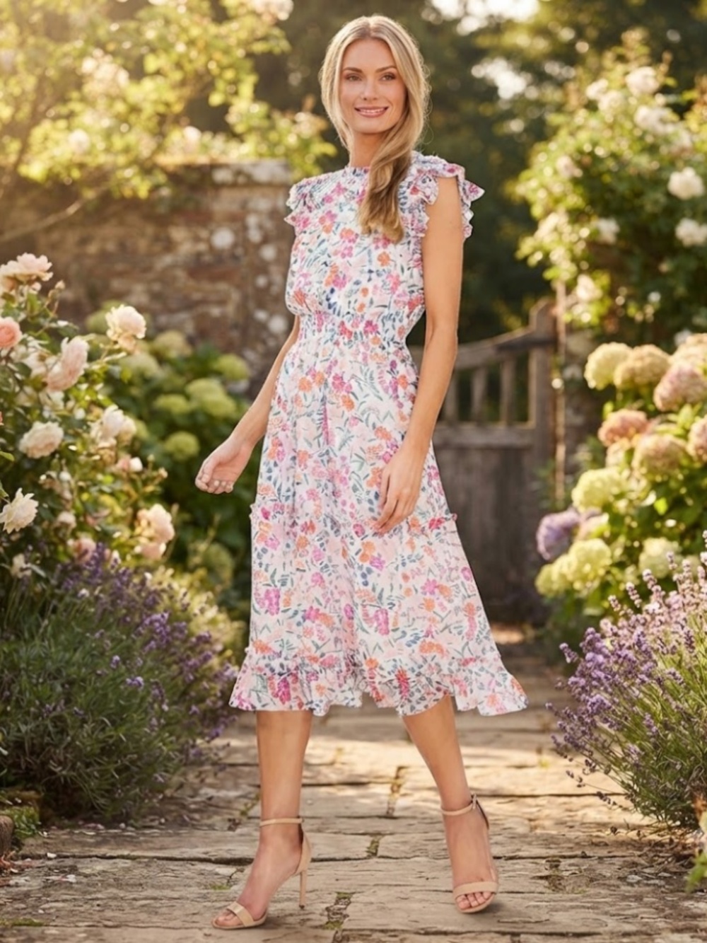 CeCe: Floral Print Ruffle Dress in New Ivory (NWT)